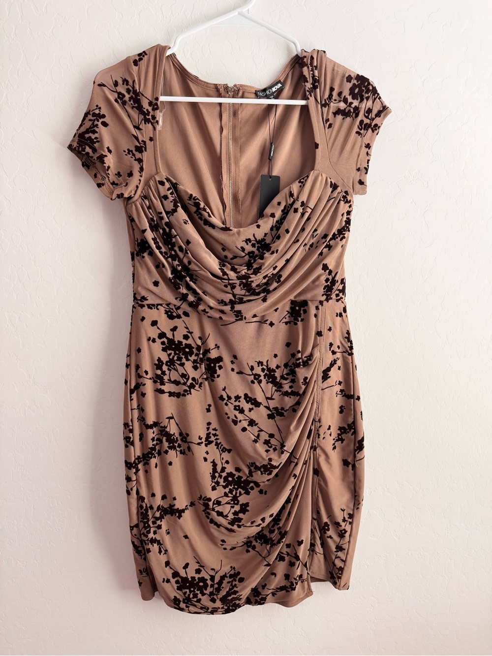 NWT! Fashion Nova Nude Large Floral Print Draped Cocktail Dress